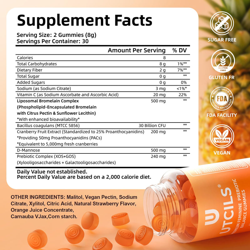 Liposomal Premium Feminine Balance Gummies, Advanced Women's Probiotic Gummies with Bromelain & Cranberry PACs - Triple-Targeted pH Balance Support, 30B CFU Shelf-Stable, Sugar Free 60 Count