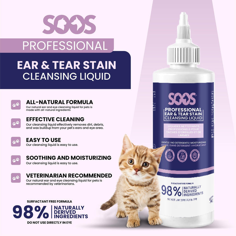 SOOS Pet Natural Ear and Eye Stain Cleansing Liquid for Dog & Cat - Cleaning Your Pets Ears and Eyes - 120ml