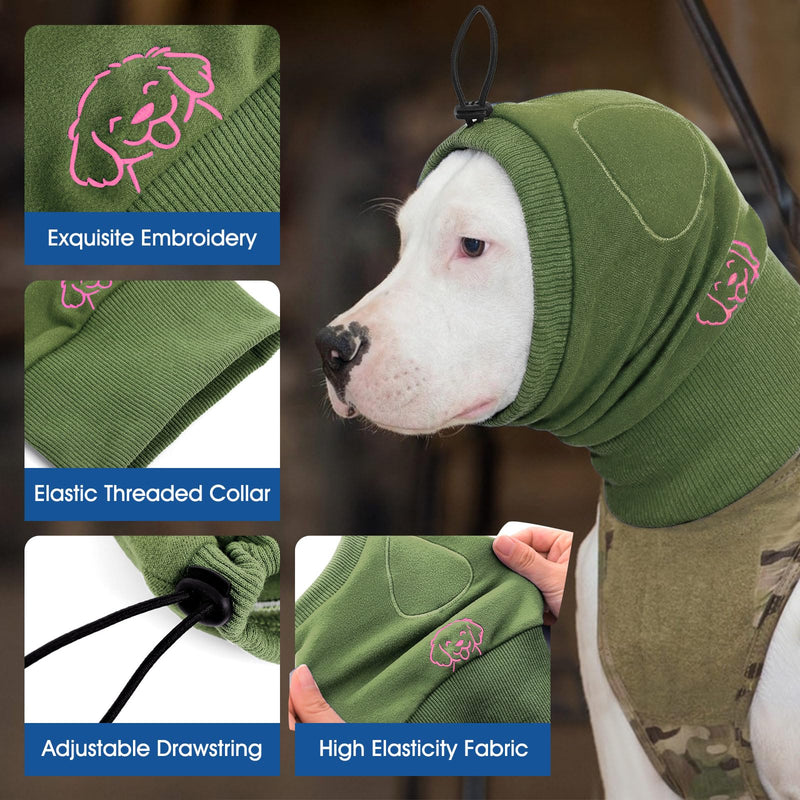 No Shake Ear Wraps for Dogs, Adjustable Dog Ear Cover with SoundProof Pads, Anxiety Relief Pet Ears Muffs Noise Protection Dog Calming Hoodie for Hematoma, Grooming, Thunder, Army Green L Large ArmyGreen