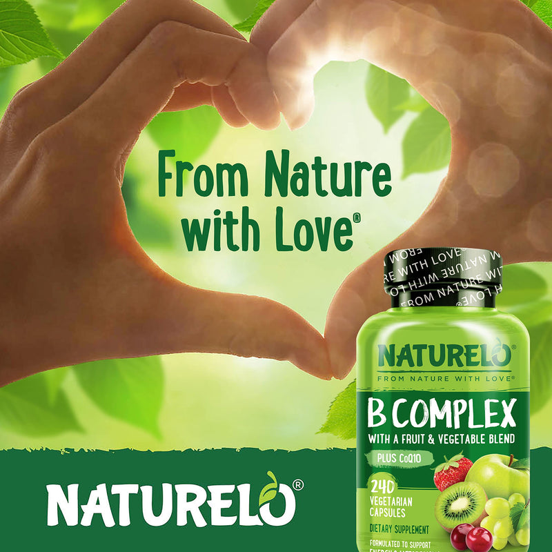 NATURELO Vitamin B Complex, 240 Capsules, Vegan, CoQ10, Methyl Folate | Biotin, Fruit & Vegetable Blend, Supports Energy And Healthy Stress Response, Super B Complex Vitamins for Women and Men 240 Count (Pack of 1)