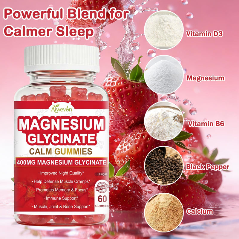 Magnesium Glycinate Gummies 400mg Sugar Free: Calm Magnesium Supplement for Women & Men, Sleep Support, Muscle & Bone Health Complex with Vitamin D3 B6 Calcium, Chewable Strawberry Gummy for Adults