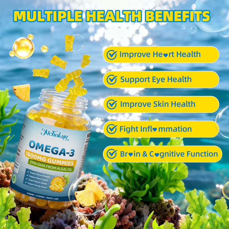 Vegan Omega-3 Gummies 1600mg EPA & DHA from Algal Oil, Fish Oil Alternative for Adults & Kids, Omega 3 Supplement with Vitamin D3 K2 for Brain, Eye & Immune Health Sugar Free Pineapple, 120 Count 60 Count (Pack of 2)