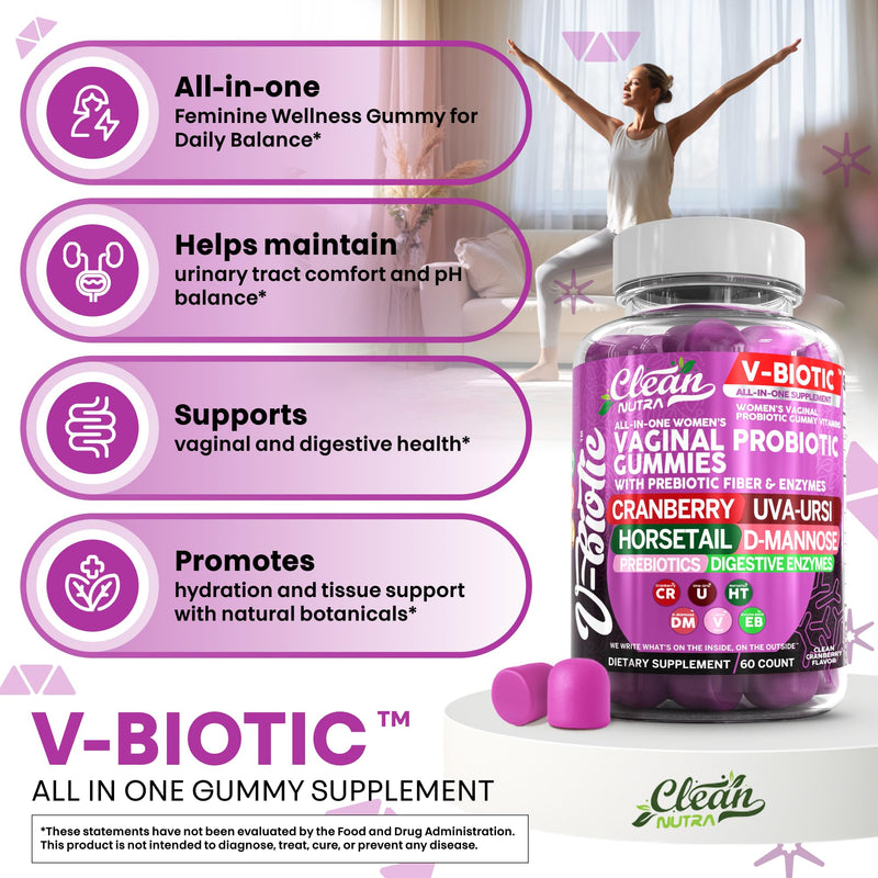 Clean Nutra Vbiotic Gummies, Cranberry, Horsetail, D-Mannose, UVA-Ursi, Probiotic Blend, Enzyme Blend, 60 Count (2) 2