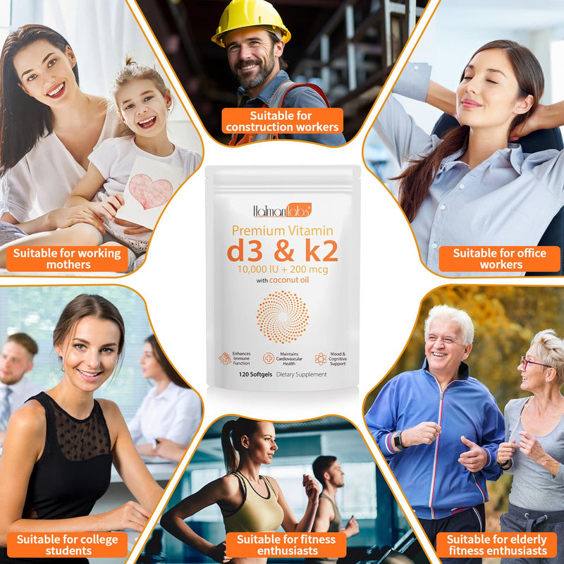 Vitamin D3 K2 Supplement Softgel, Vitamin D3 K2 Softgel with 10000 IU Supports Immune, Heart, Teeth & Bone Health, Free of GMO, Gluten, Soy, 120 Softgels 1 Bag | 60-day Supply
