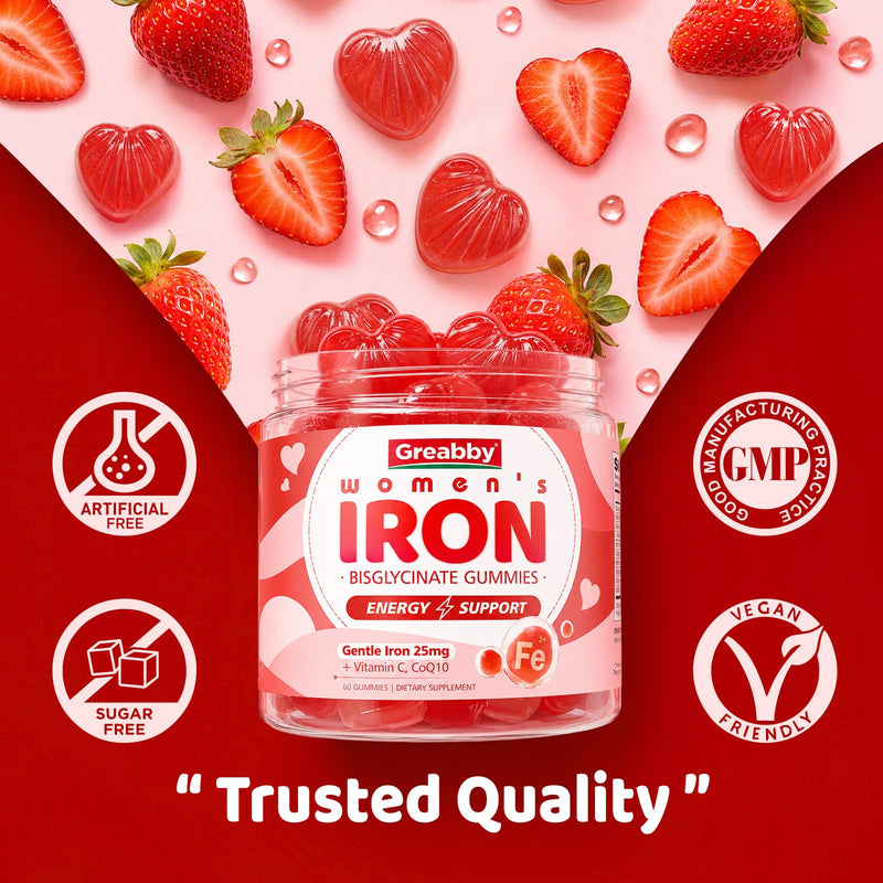 Iron Bisglycinate with Vitamin C for Women, Ferrous Bisglycinate Gummies | Ferrous Bisglycinate with Vitamin C, CoQ10, Gentle Iron Supplement for Energy Support, High Absorption, Sugar Free 60 ct 1