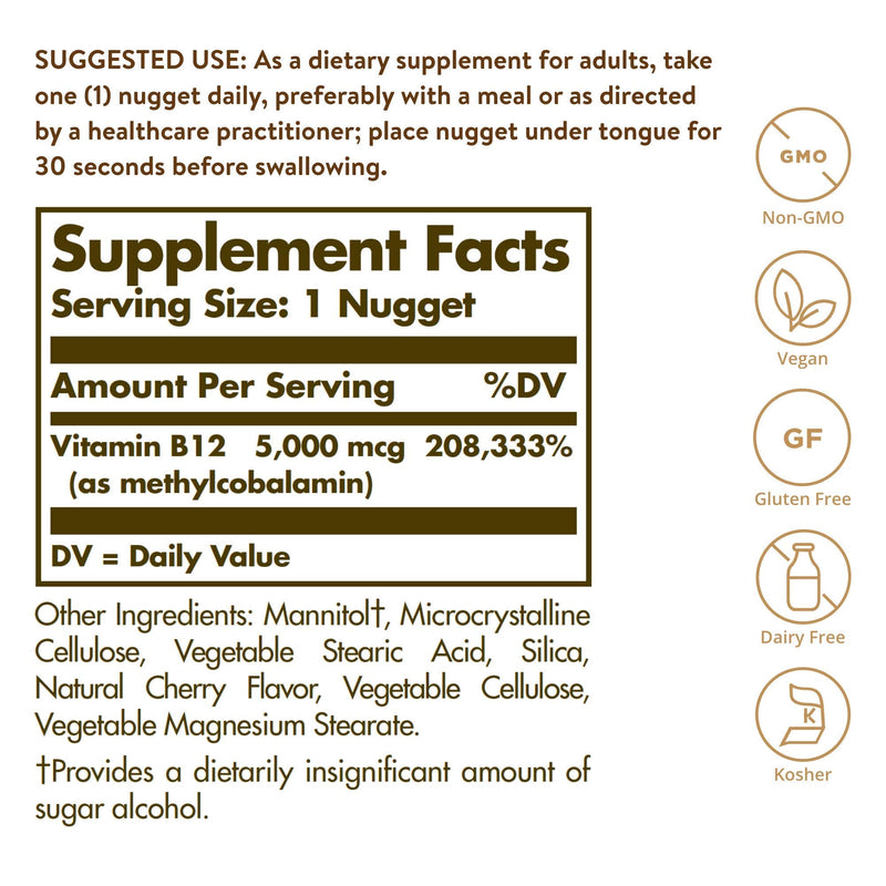 Solgar Methylcobalamin (Vitamin B12) 5000 mcg, 60 Nuggets - Cherry Flavor - Supports Energy Metabolism - Body-Ready, Active Form - Non-GMO, Vegan, Gluten Free - 60 Servings Vitamin Unflavored 60 Count (Pack of 1)