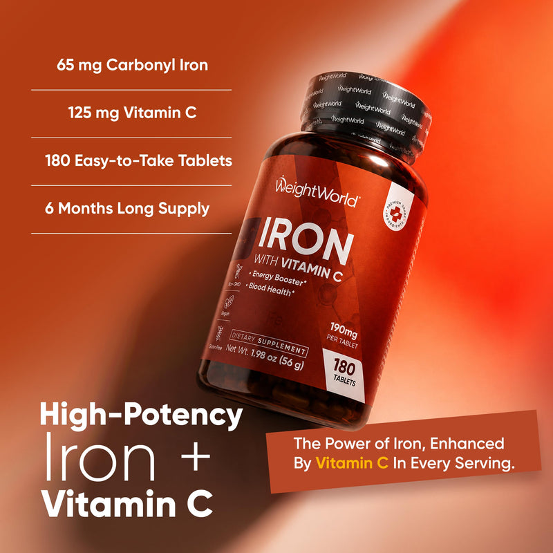 WeightWorld Iron 65mg with Vitamin C 125mg Tablets for Blood Health, Energy & Immune Support | 180 Tablets (6-Month Supply) | Gentle Iron Supplement for Women & Men - Vegan, Non-GMO