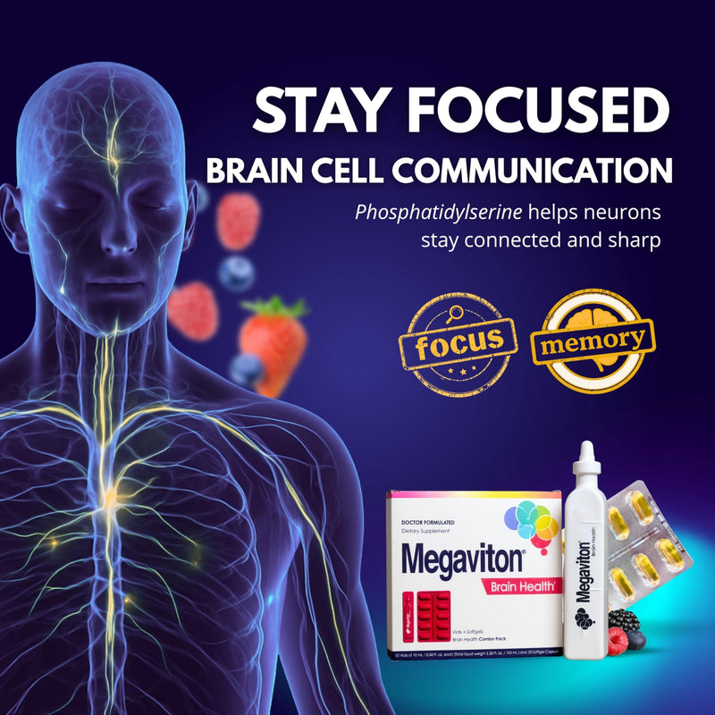 Brain Health Complete 3-in-1 Formula in 10 Liquid vials and 20 softgels, offering Daily Support for Cognitive Function, Mental Clarity, and Nervous System Health.