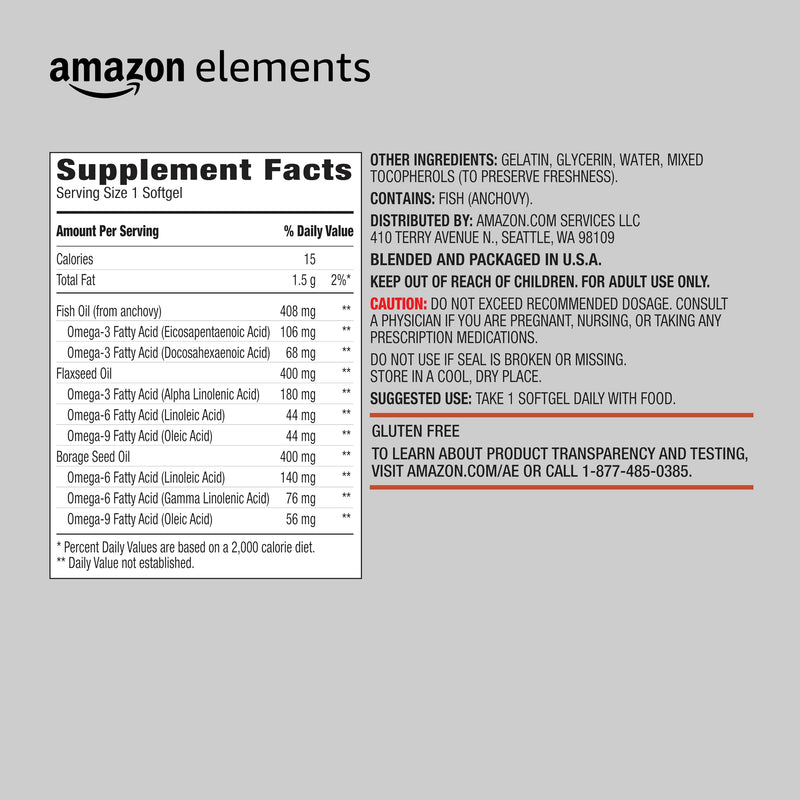 Amazon Elements - Revly Omega 3-6-9, Complex of Fish, Flaxseed and Borage Oil - EPA & DHA Omega-3 fatty acids - 60 Softgels, 2 Month Supply Unflavored