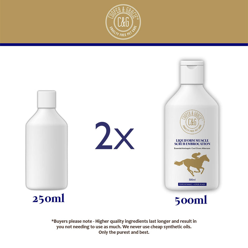 C&G Pets Horse Liquiform Muscle Scrub Embrocation 500ml – Natural Therapeutic Wash with Antiseptic & Antibacterial Properties by Cooper and Gracie | Fast-Absorbing Relief, Prevents Sweat Itch 500 ML