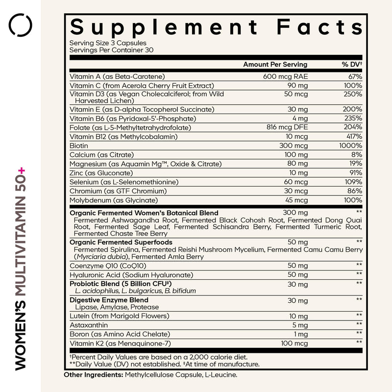 Codeage Women’s Multivitamin 50+ Supplement - Essential Vitamins for Women Over 50, Minerals, CoQ10, Hyaluronic Acid, Probiotics, Black Cohosh, Ashwagandha & Superfoods - Non-GMO - 90 Capsules