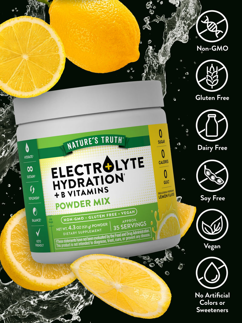 Nature's Truth Electrolytes Powder | No Sugar | with B Vitamins | Refreshing Lemon Flavor | Vegan, Non-GMO & Gluten Free Supplement for Hydration