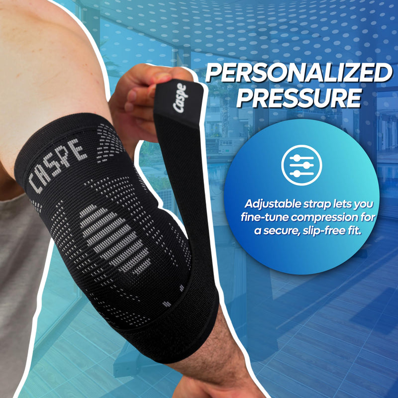 Caspe 2 Pack Elbow Compression Sleeve with Strap – Compression Sleeves for Women & Men, Arm Support, Elbow Brace for Tendonitis Relief, Support for Weightlifting & Workouts (Black) Large