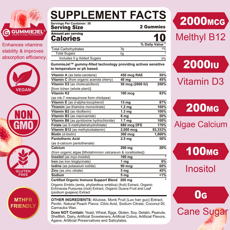 Methylated Multivitamin for Women Gummies, Calcium, D3, Methylfolate & B12 | Daily Vitamin A C E, K2, B Complex, Biotin, Zinc, Iron, Inositol -Energy, Immune, Bone, Skin, Hair - Sugar Free, Vegan -60Cts 60 Count (Pack of 1)