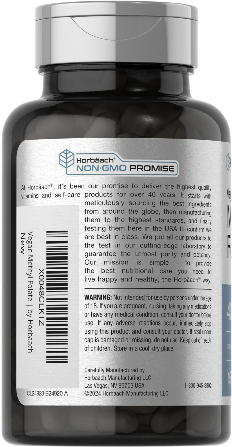 Horbäach Methyl Folate 400 mcg | 150 Vegan Capsules | Non-GMO, Gluten Free | Dietary Supplement