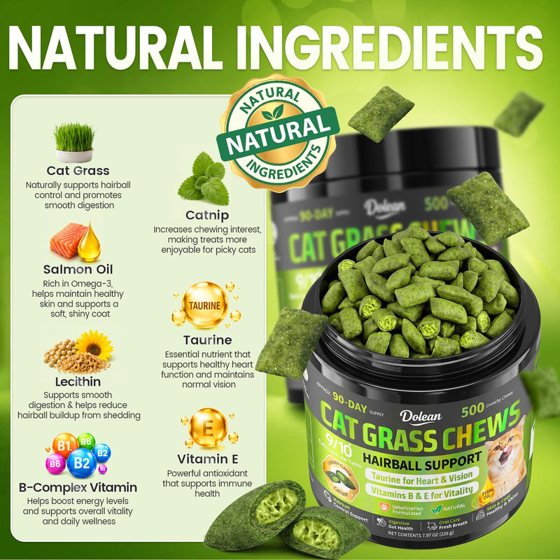 Cat Grass Treats, Hairball Treatment for Cats, Cat Grass for Indoor Cats, Fish Oil for Skin & Coat, Digestion, Taurine for Heart Vision, 500 Crunchy & Creamy Chews with Essential Vitamins of All Ages