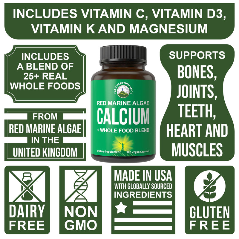 Peak Performance Plant Based Calcium. Red Marine Algae Calcium Supplement | With Vitamin C, D3, K, Magnesium, and a Whole Food Vegetable Blend. Vegan Capsules for Bones and Joints. 120 Pills
