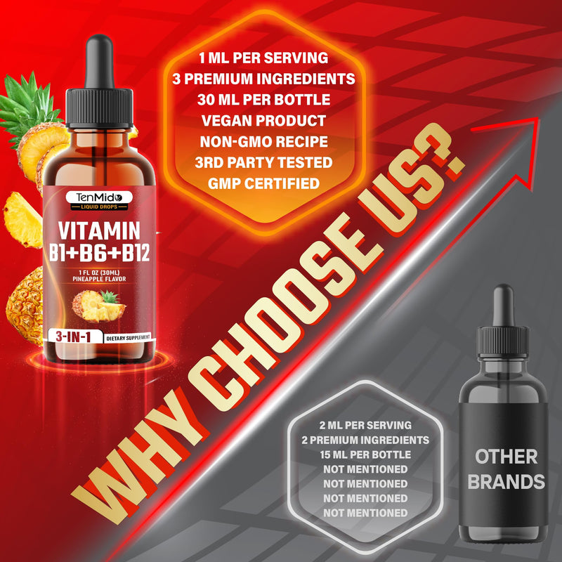 3-in-1 Vitamin B Complex Liquid Drops for Women & Men - with B1 Thiamine, B6 Pyridoxine, B12 Methylcobalamin - Alcohol-Free, Non-GMO - 30ml 1 Fl Oz