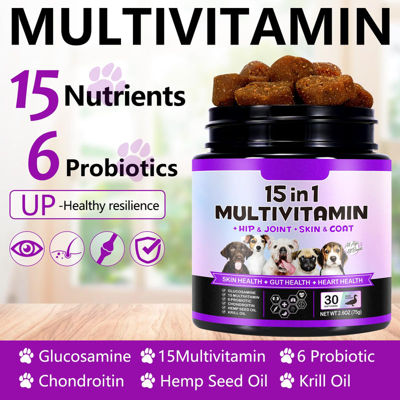 15 in 1 Dog Multivitamin Treats, 30 Chews Vitamins Supplements for Dogs, Dog Supplements, Hip & Joint Supplements, Immune System, Skin & Coat, vitamins for dogs for All Breeds and Ages 30 chews 15 in 1 Dog Multivitamin Treats
