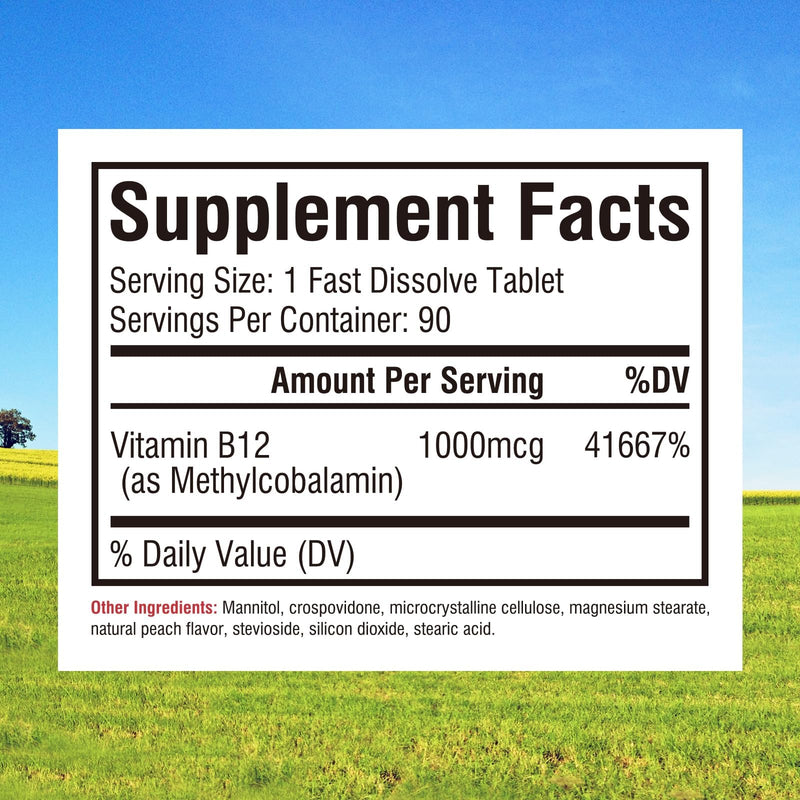 Innate Vitality Vitamin B12 1000mcg, Sublingual B12 Methylcobalamin, for Energy Metabolism, Mental Clarity, Nervous System Health, Peach Flavor, Zero Sugar, 90 Fast Dissolve Tablets