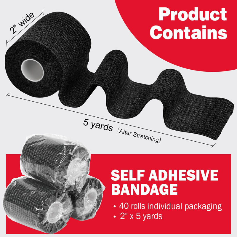 AZEN 40 Pack Self Adhesive Bandage Wrap Black, 2" X 5 Yards Black Athletic Tape, Vet Wrap, Tattoo Grip Tape Wrap，Ankle Tape, Cohesive Bandage Wrap 2IN - 40Pack - BeesActive Australia