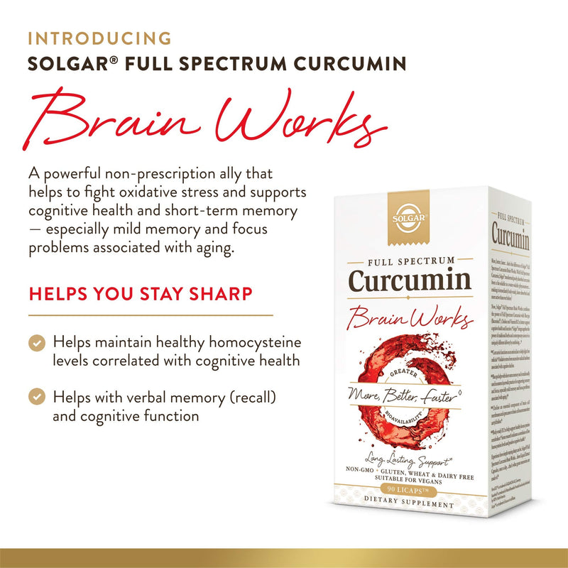 Solgar Full Spectrum Curcumin Brain Works, 90 Licaps, 30 Servings - Non-GMO | Support Memory Recall, Focus, Cognitive Function - Antioxidant Support - Curcumin, BacoMind, Choline, Vitamin B12, Vegan 1 Count (Pack of 1)