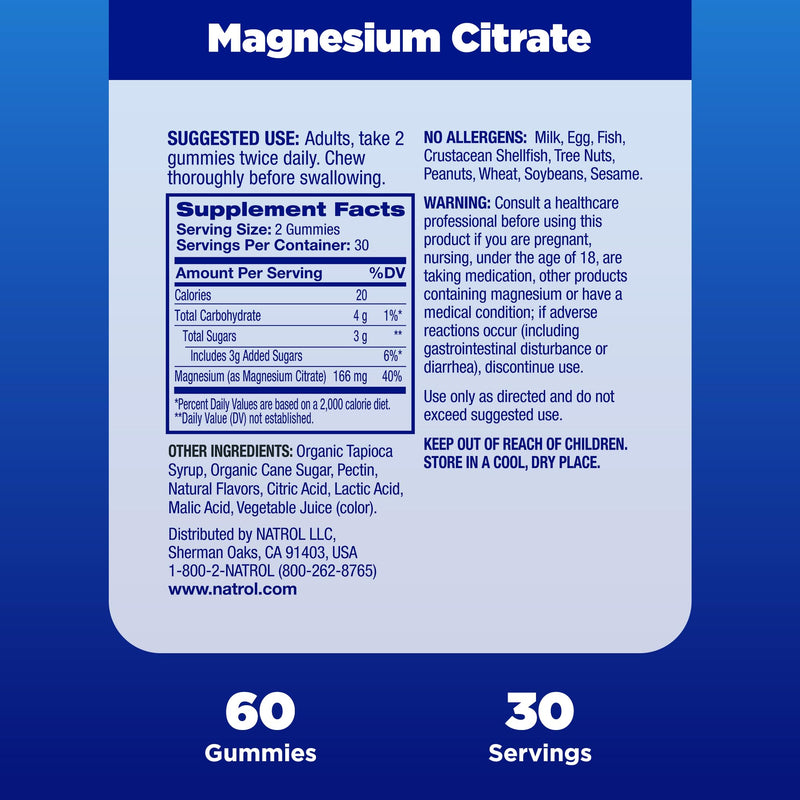 Natrol Magnesium Citrate, High Absorption Magnesium Supplement for Mood and Stress, Helps Calm The Mind and Relax The Body, 60 Raspberry-Flavored Gummies, Up to a 30 Day Supply