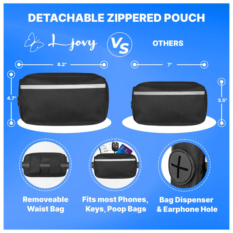Hands Free Dog Leash with Waist Belt & Large Zipper Pouch, Waist Leash for Dog Walking, Running & Hiking, Reflective Stitching & Dual Padded Handles, Ideal for Medium to Large Dogs (25–125 lbs) Black Blue