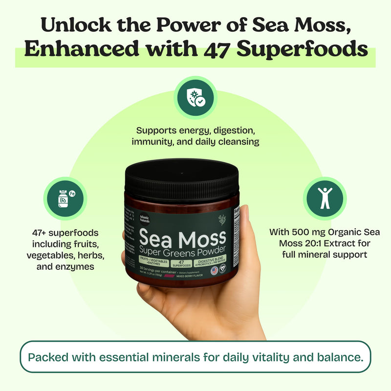 Atlantic Naturals Organic Sea Moss Super Greens Powder Superfood 5000mg | Daily Green Superfood Powder for Energy, Digestion & Immune Support | Enriched with Fruits, Veggies & Probiotics, Mixed Flavor