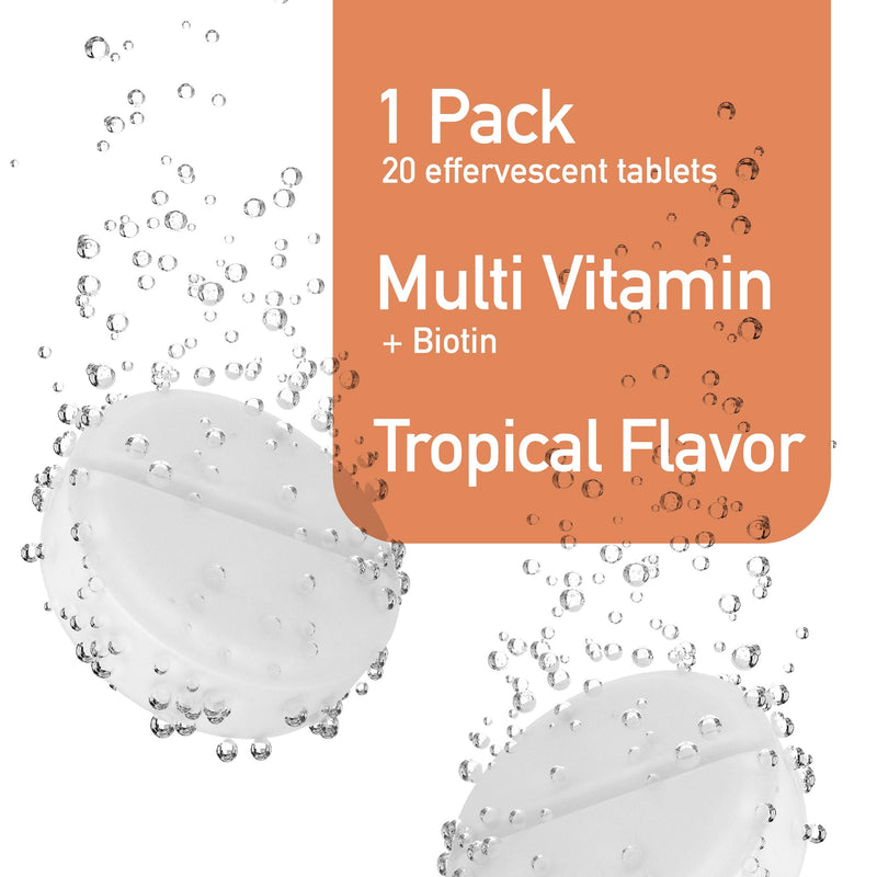 Effervescent Multivitamins + Biotin for Wellness and Vitality Dietary Supplement with Vitamins C, E, B1, B2 B6, B12, A, and D3, 20 Tablets Tropical 20 Count (Pack of 1)