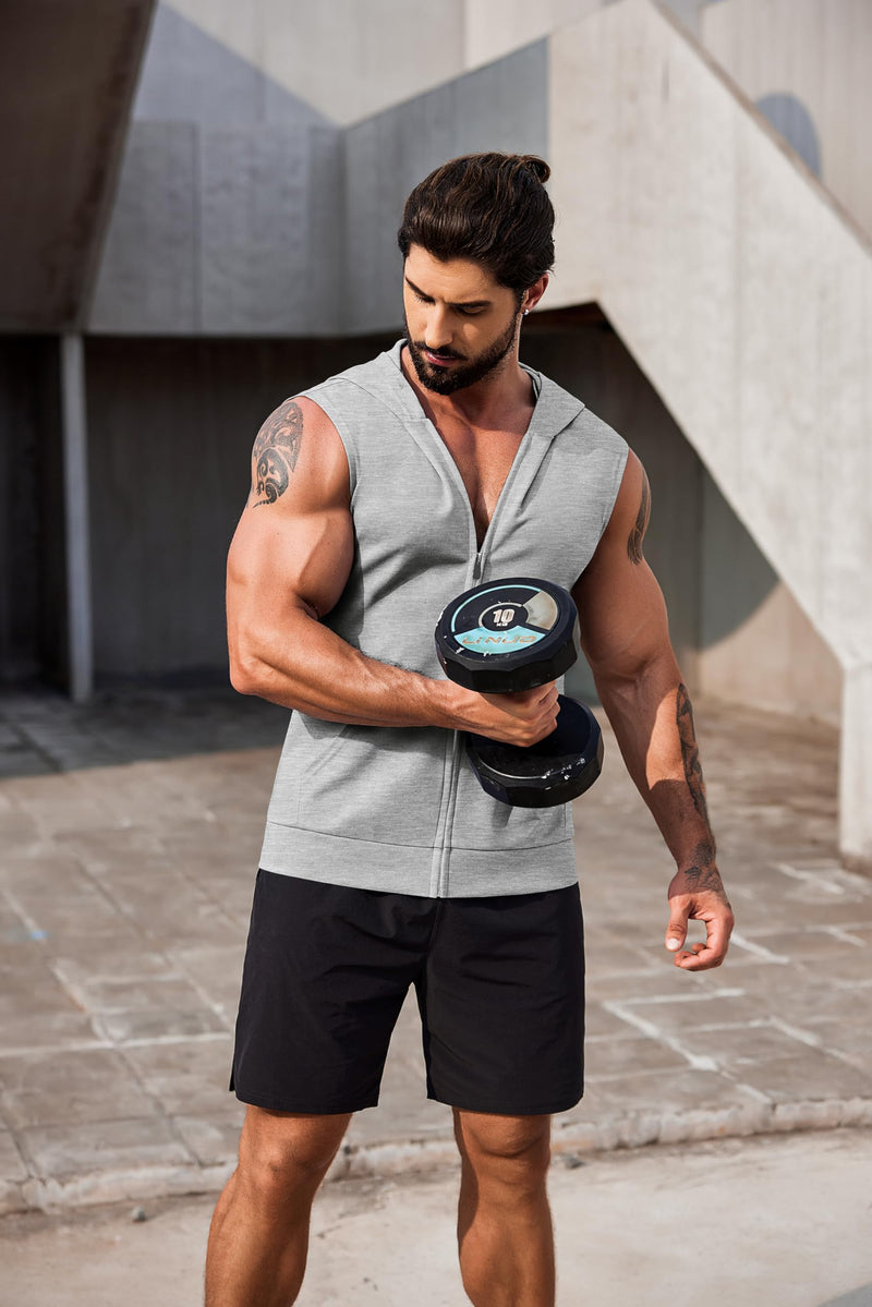 COOFANDY Men's Workout Hooded Tank Tops 2 Pack Zip Up Sleeveless Gym Shirts Muscle Cut Off T Shirt Bodybuilding Hoodies Medium Light Grey/Black(2pcs)
