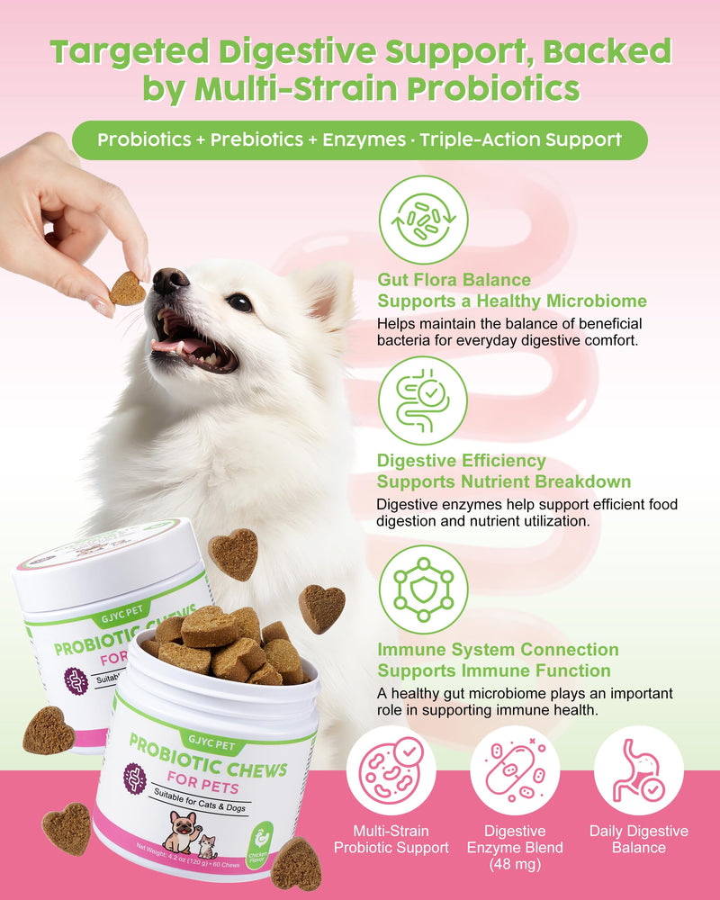 Probiotics for Dogs & Cats - 600M CFU Multi-Strain Formula with Prebiotics & Digestive Enzymes - Supports Gut Health, Digestion & Immune Function - 60 Soft Chews (Chicken Flavor)