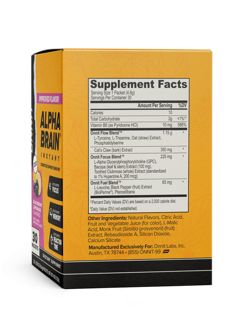 ONNIT Alpha Brain Instant Nootropic Drink Mix, BlackBerry Lemonade, 30 Ct | Nootropic drink mix packets; L-Theanine, Alpha GPC & B6 support focus, memory & mental clarity; on-the-go brain supplement
