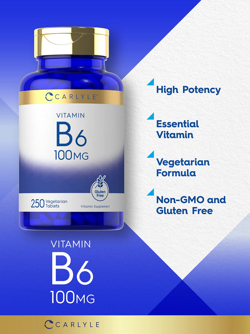 Carlyle Vitamin B6 100mg | 250 Tablets | Pyridoxine Hydrochloride Supplement | Vegetarian, Non-GMO & Gluten Free