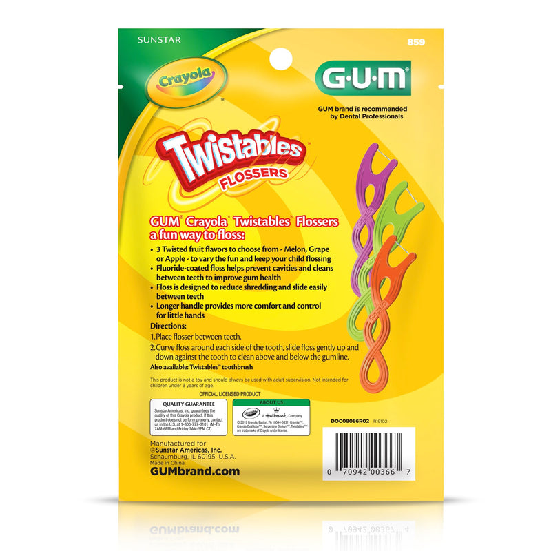 GUM Crayola Twistables Kids Flossers with Fluoride - Designed for Little Hands - Three Fun Fruit Flavors - Easy to Use Kids Floss Picks for Children Ages 3+, 90 Count 90 Count (Pack of 1) - BeesActive Australia