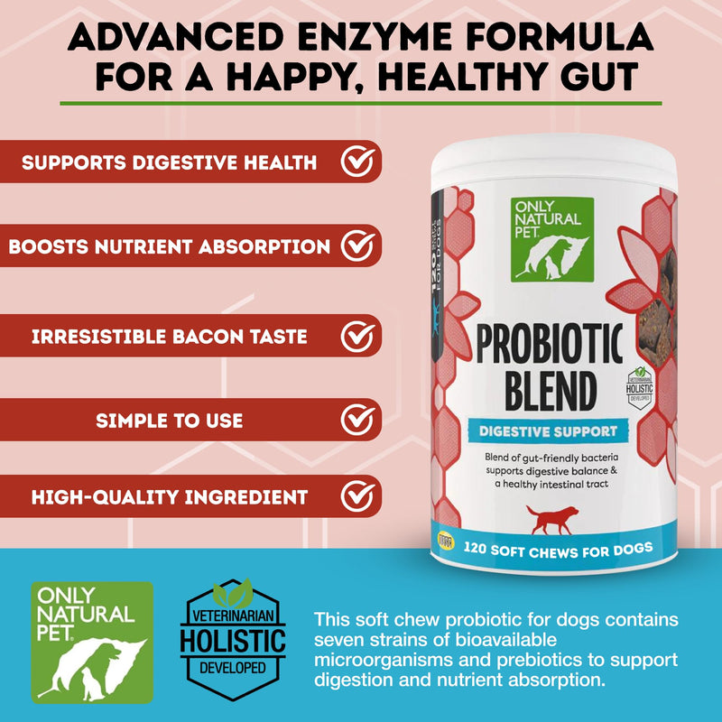 Only Natural Pet Probiotic Dog and Cat Supplement - Digestive & Gut Health Enzyme Formula, Puppy & Canine Digestive Chews, Best for Stomach Relief & Gas Aid - Soft Chews, 120 Count. - BeesActive Australia