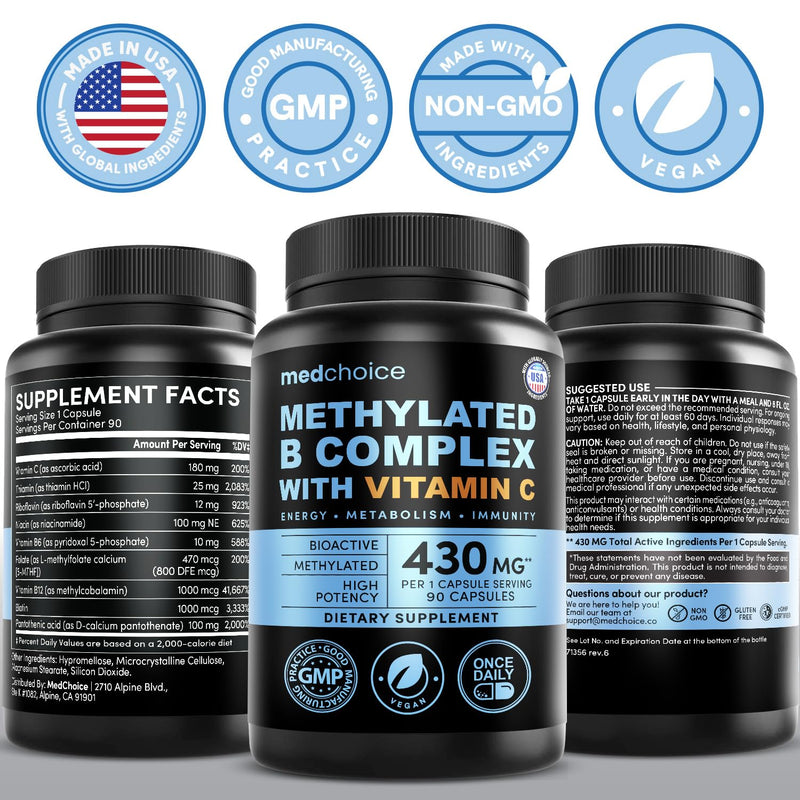 9-in-1 Vitamin B Complex - Methylated Multivitamin with B12 Methylcobalamin, Methylfolate, L-5-MTHF & Vitamin C - Methylated B Complex for Women & Men - Non-GMO, Gluten-Free, & Vegan (180 Servings) 90 Count (Pack of 2)