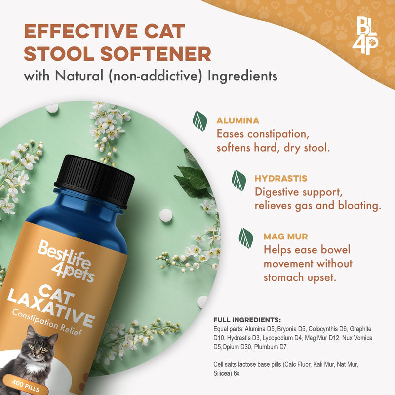 Cat Laxative Constipation Relief - Natural Cat Stool Softener Remedy for Irregular Bowel Movements Without Cat Diarrhea, Supports Feline Digestion & Gas Pain Relief - 400 Odorless, Tasteless Pills - BeesActive Australia