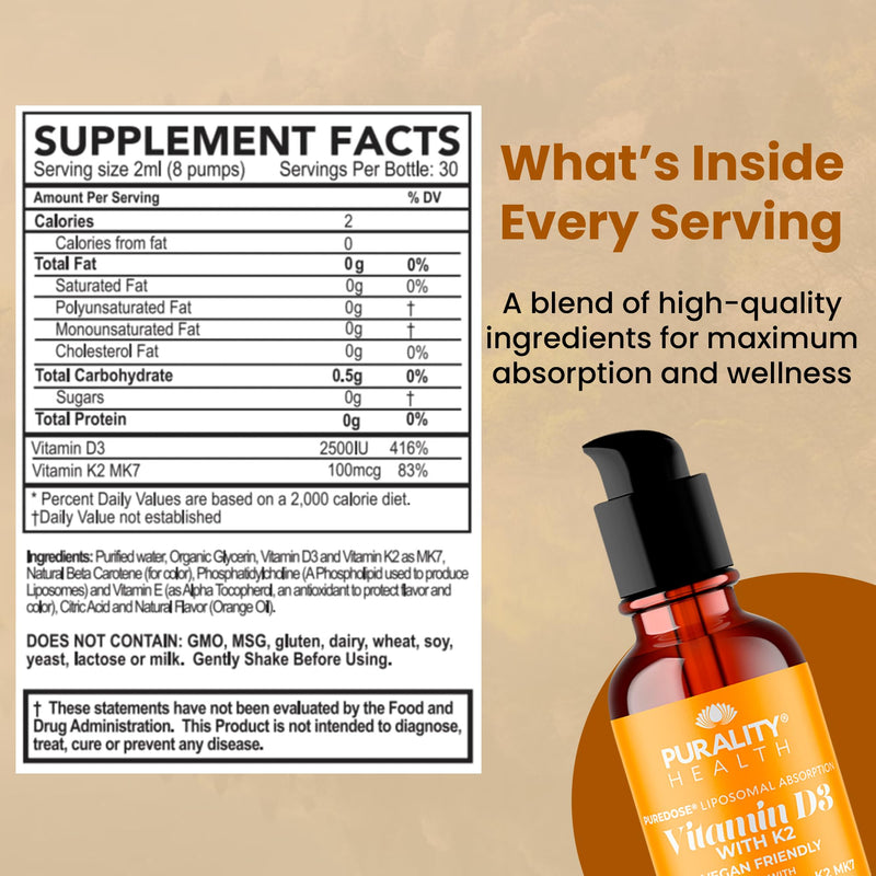 Purality Health Liposomal Vitamin D3, K2 Drops for Bone Strength - 2 Fl oz | Micelle Enhanced Absorption Liquid Technology | Immune & Heart Support | Vegan, Non-GMO, Gluten Free | 30 Days Supply