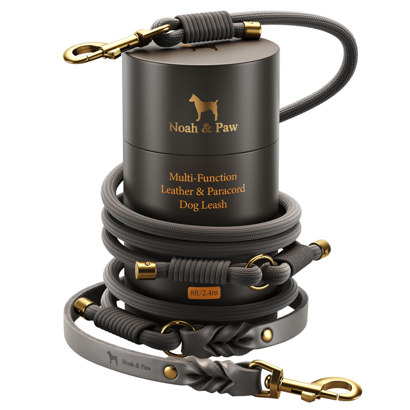 NOAH & PAW Hands Free Dog Leash, Oil-Waxed Leather & Heavy-Duty Paracord, 8 ft, Long Dog Leash with 6 Ways to Use (Ideal for Cats, Small, Medium & Large Dogs) Matching Collar Available. (Grey) Grey