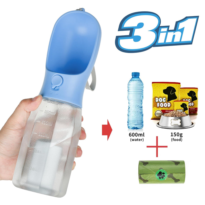 Dog Water Bottle with Food Container, Portable Pet Dog Water Dispenser for Outdoor Walking,Hiking,Travel,Puppy essentials,Puppy supplies,Replaceable Waste Bags 20oz Blue - BeesActive Australia