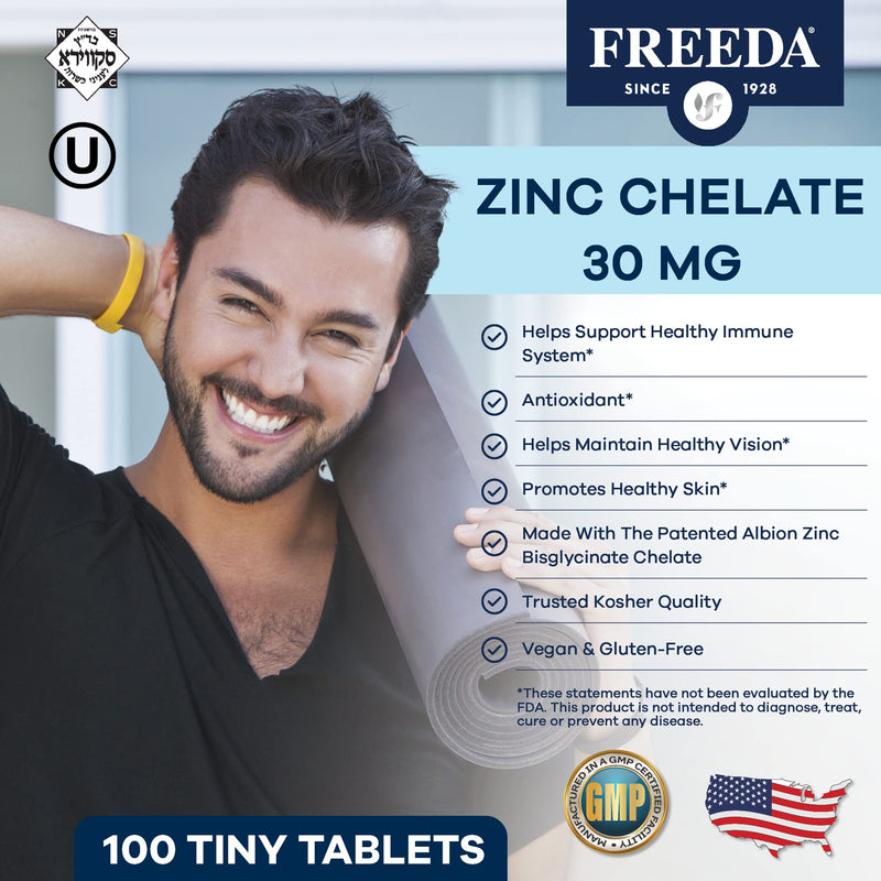 Freeda Chelated Zinc 30mg – TRAACS® Zinc Bisglycinate for High Absorption – Vegan, Kosher, Gentle on Stomach – Immune Support for Adults, Men & Women – 250 Tiny Tablets | For Adult Men & Women – High Absorption Formula – Antioxidant Support, Gentle on ...