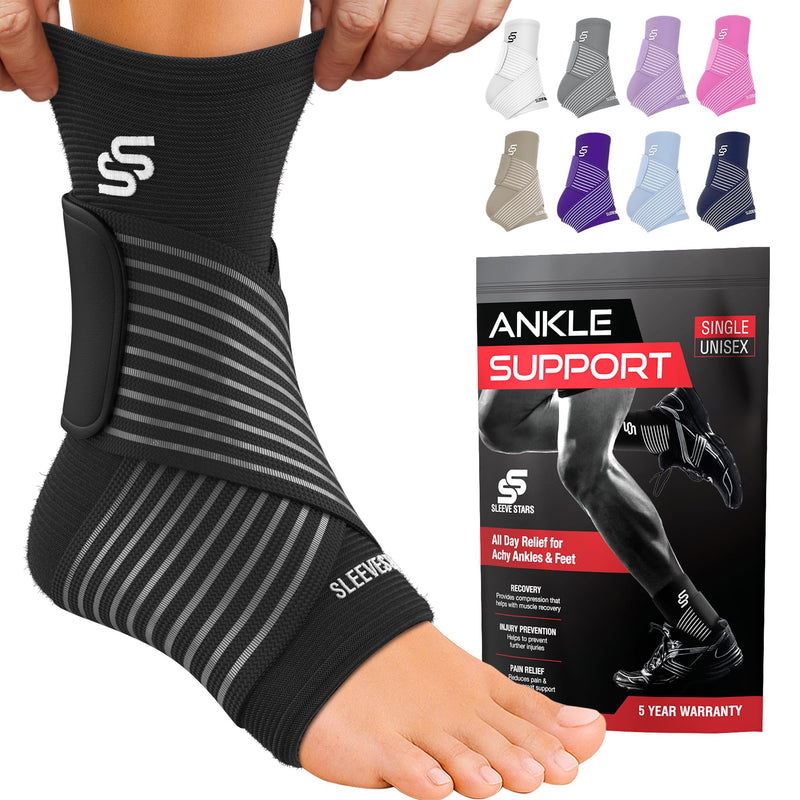 Sleeve Stars Ankle Brace for Women & Men, Ankle Wrap for Sprain, Compression Sleeve for Plantar Fasciitis Relief, Easy Customizable Support: w/ Removable Strap (Single/M:10"-12"/Black) Medium Black 1