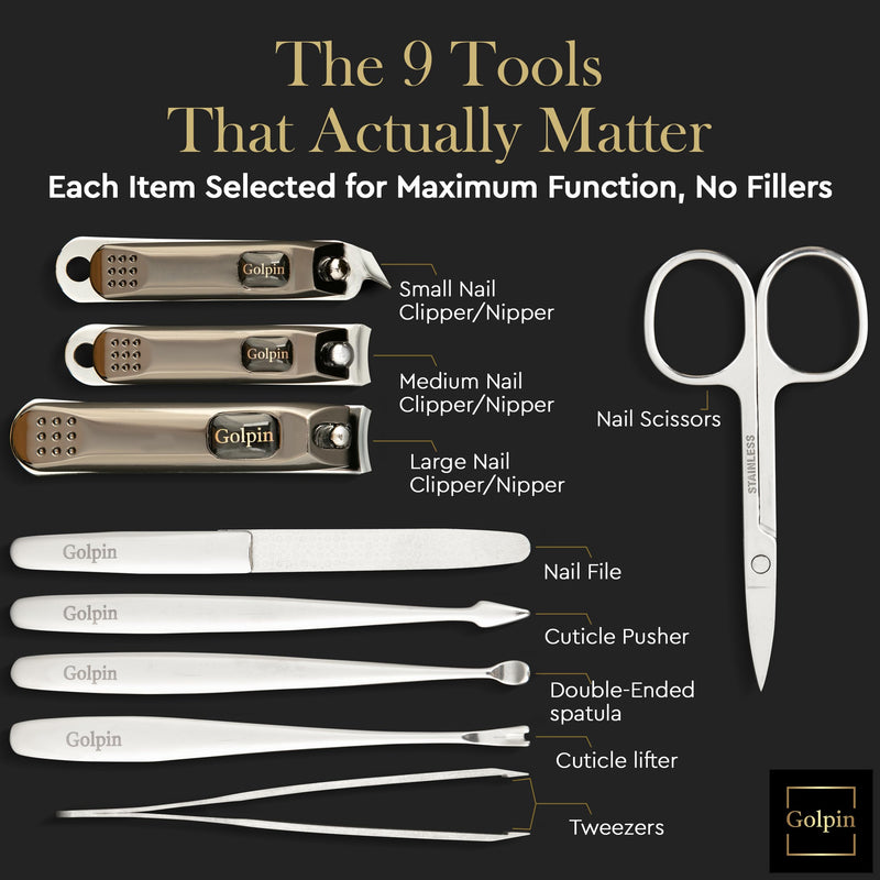 9 Pcs Manicure Set for Men & Women – Stainless Steel Manicure & Pedicure Kit with Travel Nail Grooming Case, Nail Clippers, Cuticle Tools – Gift-Ready Mens Manicure Kit & Womens Grooming Set Black