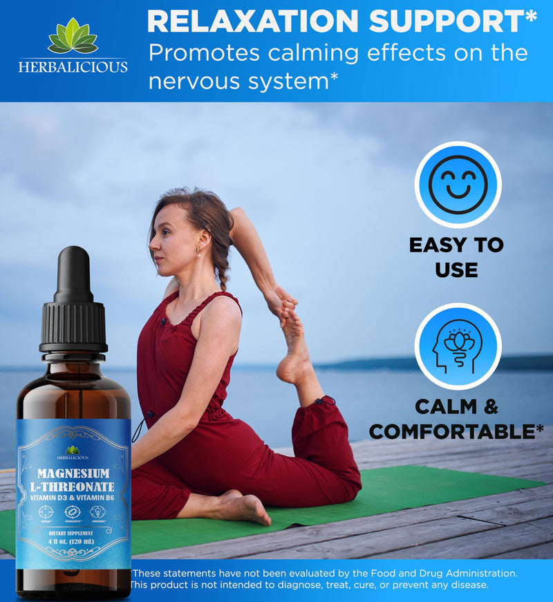 HERBALICIOUS Magnesium Complex Liquid with Vitamin D3 & B6 – High Absorption Citrate, Glycinate & L-Threonate – Supports Energy, Mood, Relaxation, Bone Health & Immunity – 4 oz Liquid Drops
