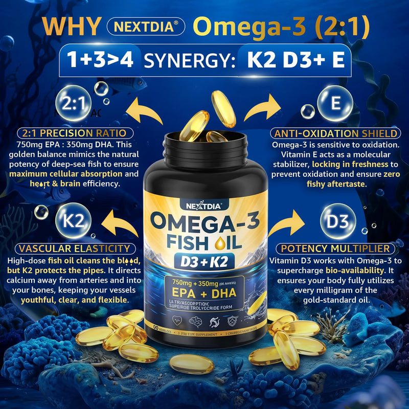 Omega-3 Fish Oil Supplement 1250mg, Vitamin D3 5000IU, K2 E, 3-Month Supply | Burpless Triple Strength 1100mg Omega 3 Fatty Acids(750mg EPA + 350mg DHA) for Women & Men, Wild-Caught Fish Oil, 90 Softgels