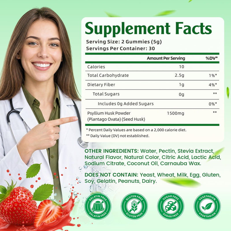 softbear 2 Pack Psyllium Husk Gummies 1500mg, Strawberry Flavor 120 Count | Psyllium Husk Fiber Supplement for Gut & Digestive Health, Regularity Support, Vegan/Organic/Sugar Free 60 Count (Pack of 2)