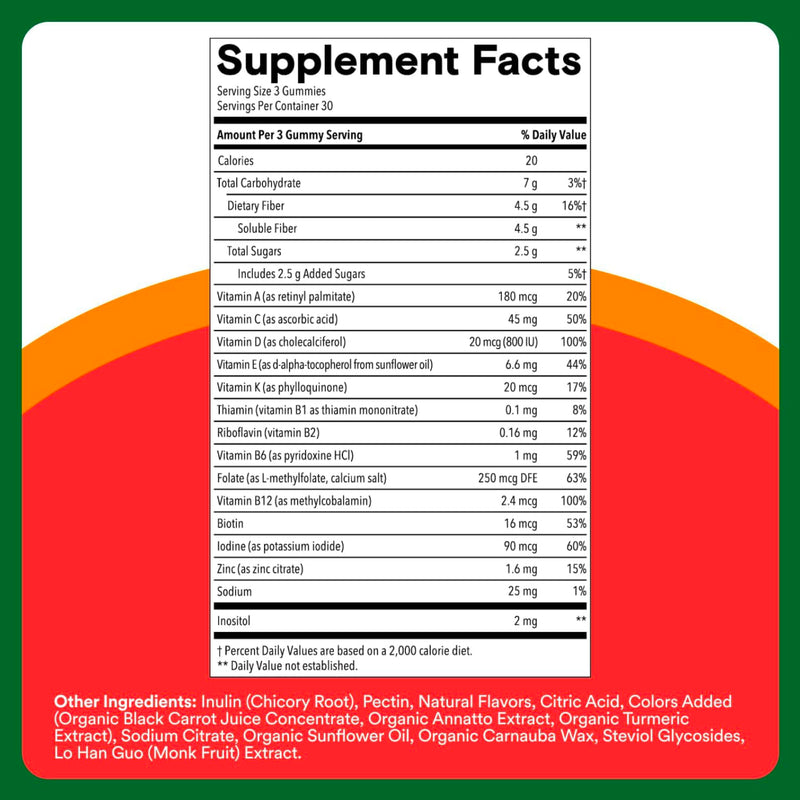 SmartyPants Kids Multivitamin & Fiber Gummies: Prebiotic Fiber to Support Kids Digestion with Vitamin D3, C, Vitamin B12, B6, A, Zinc, Biotin, Folate, Three Fruit Flavors, 90 Count (30 Day Supply) 90 Count (Pack of 1) Multi Fiber - 30 Day Supply