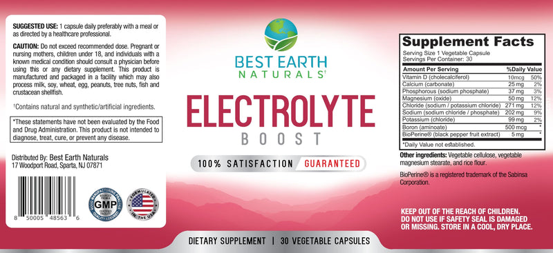 Best Earth Naturals Electrolyte Support Supplement - Support Electrolyte Balance with Vitamin D, Calcium, Magnesium, Sodium, Potassium, Boron and More - 30 ct. Capsules 30 Count (Pack of 1)
