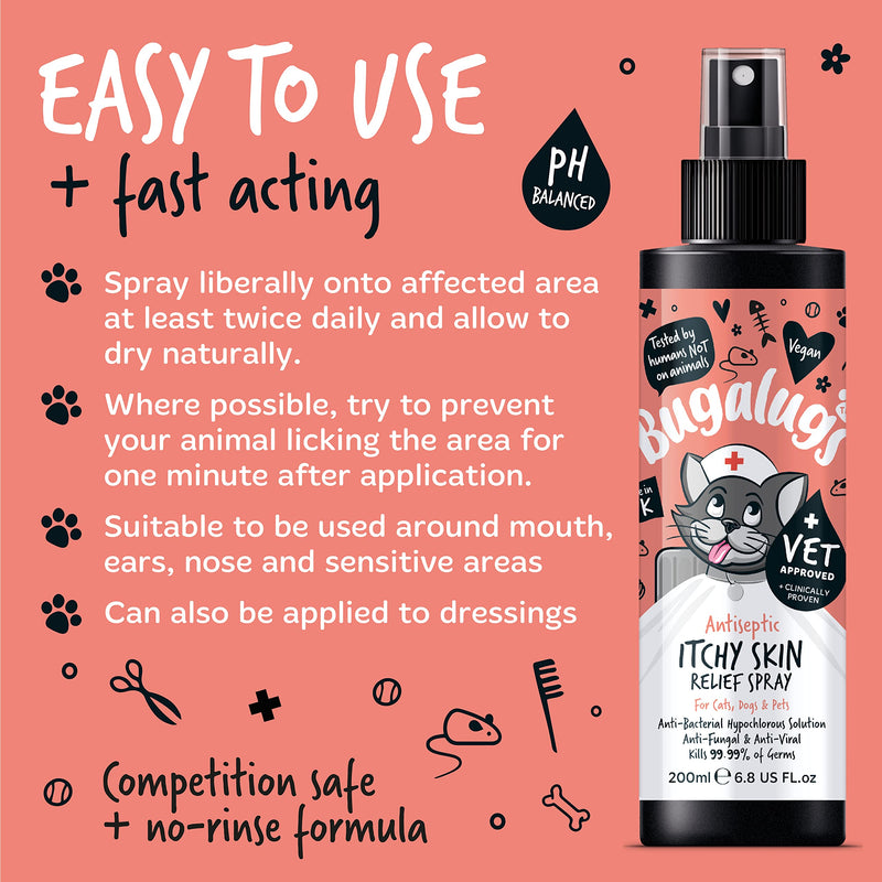 BUGALUGS Cat itchy skin relief Antiseptic spray 200ml, for kitten, cats & small animals - cat anti scratch cat spray is Antibacterial, Antifungal & Antiviral use for cat acne